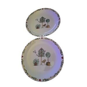 Thomson Pottery Birdhouse Dinner Plates Birds House Red Hearts Blue Jay set of 2